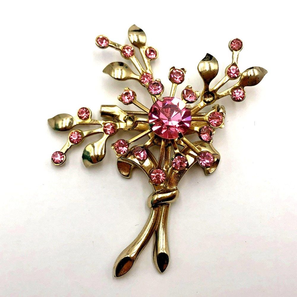 Vintage Coro Flower Bouquet Gold Tone Pink Purple Rhinestone Floral Brooch Pin